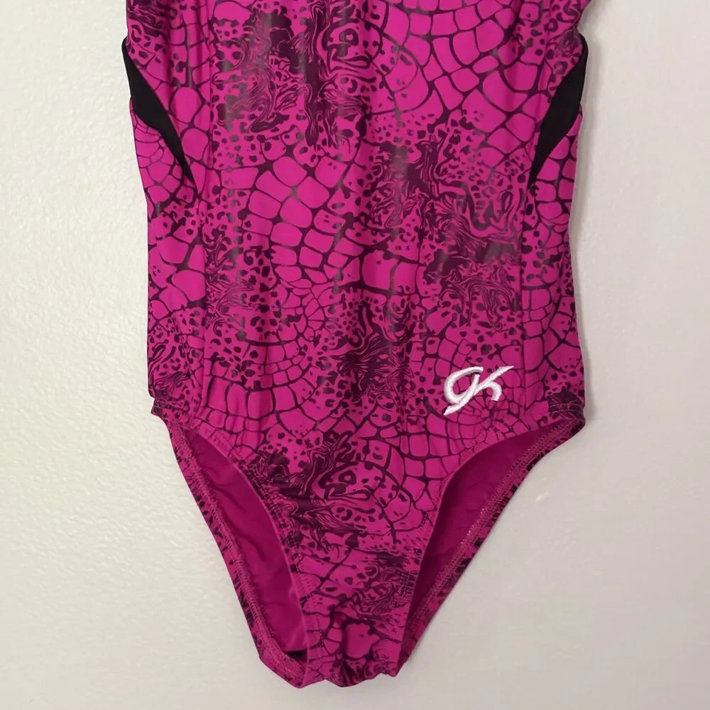 GK Elite Gymnastics Leotard Child Large CL Pink Black Foil Print Athletic  #16